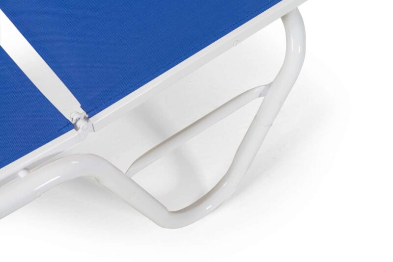 Close-up of a blue fabric sun lounger with a white metal frame, focusing on the junction where the fabric meets the frame insert.