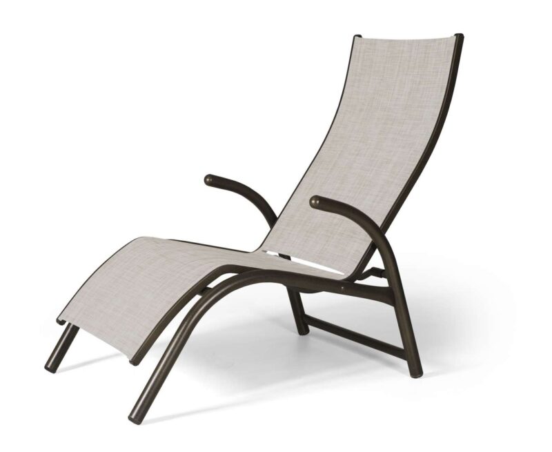 A modern lounge chair with a curved, dark brown frame and light gray mesh fabric, set against a white background near a fireplace.
