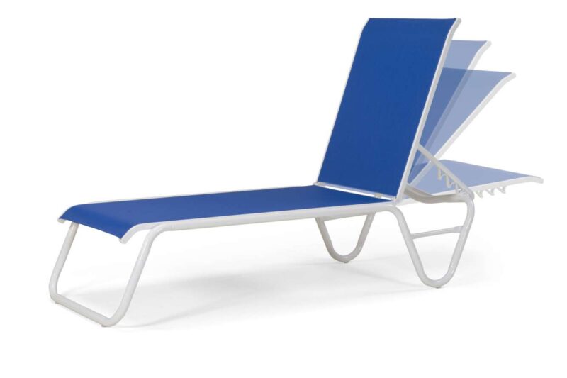 A modern blue and white outdoor lounge chair with a metal frame and adjustable backrest, isolated on a white background near a fire pit.