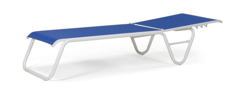 A modern blue and white park bench with a sleek, minimalistic design, isolated on a white background. The bench features a metal frame and a solid blue seating surface near a fire pit.