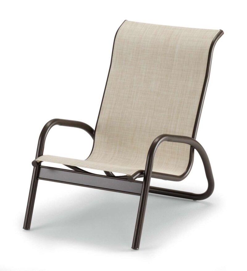 A modern outdoor lounge chair with a metal frame and beige fabric, isolated on a white background, perfect beside a fire pit.