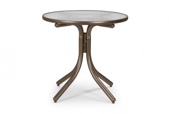 A round, marble-topped bistro table with a three-legged, ornate bronze base, isolated on a white background.