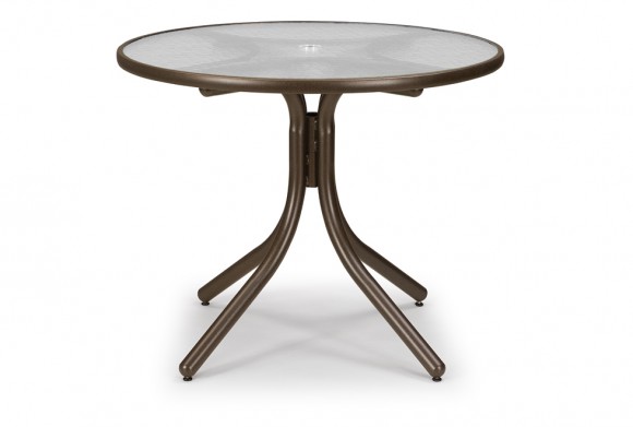 A round table with a marble top and a bronze-finished metal base with three curved legs, isolated on a white background, featuring an integrated fire pit.