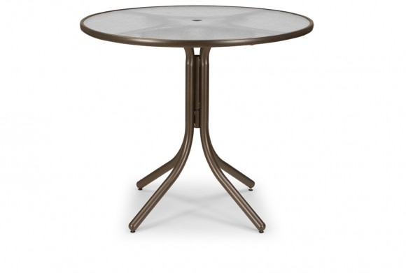 A round bistro table with a glass top and a brown metal frame, featuring a fire pit insert, isolated on a white background.