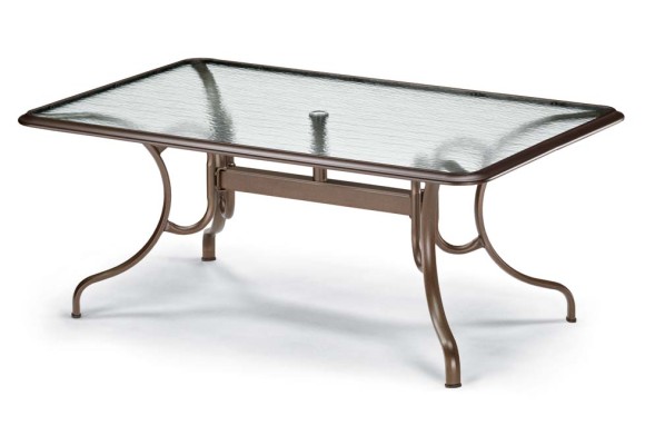 A rectangular glass-top table with a decorative bronze metal frame and an integrated fire pit on a white background.