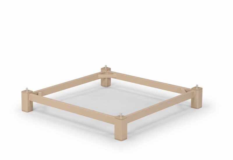 A 3D illustration of a basic, beige metal bed frame structure with no mattress, featuring corner posts and a central support beam. This image is displayed against a plain light gray background with an insert