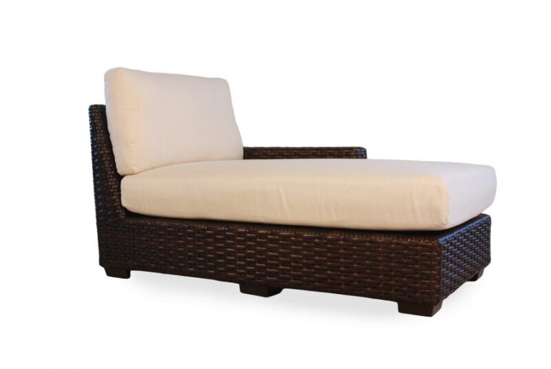 A single chaise lounge with dark brown wicker base and light beige cushions, inserted on a white background with no additional items or people.