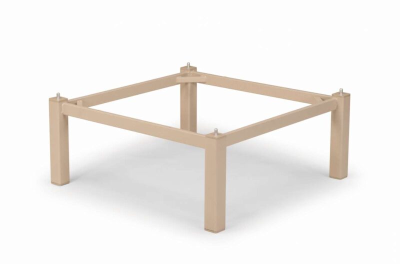 3d rendering of a minimalistic, tan-colored metal fireplace frame without a tabletop, viewed on an isolated white background.