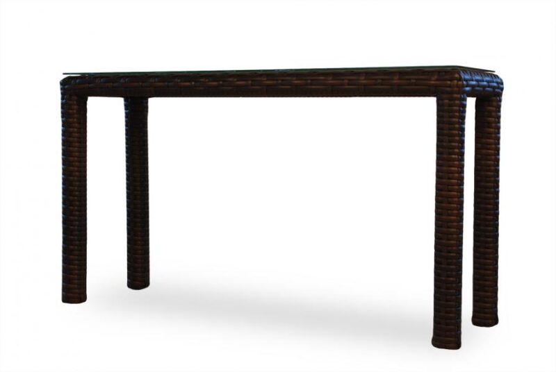 A rectangular, dark brown rattan console table isolated on a white background. The table features a woven texture and thick, sturdy legs with an insert.
