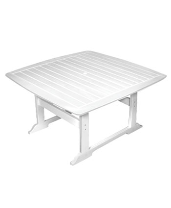 A square, white aluminum patio table with a slatted top and sturdy legs, featuring an integrated fireplace, isolated on a plain background.