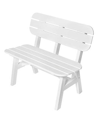 A simple white wooden bench with a slatted design on the backrest and seat, featuring a fireplace insert, isolated on a white background.