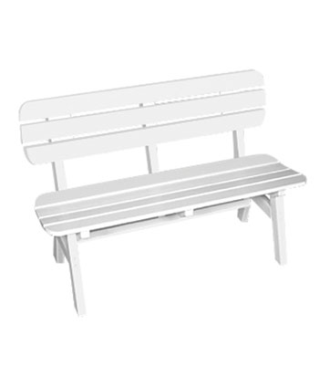 A simple white park bench with a backrest and horizontal slats, depicted against a plain background featuring a fire pit.