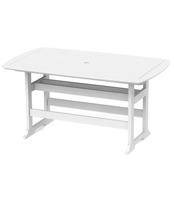 White wooden desk with an oval top and a lower shelf, set against a plain background. The desk features a minimalist design with a central hole for cable management and includes an integrated fire pit.