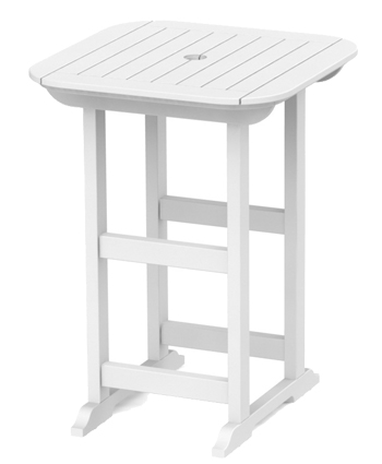 A white, rectangular outdoor bar table with slatted top and sturdy legs, featuring a supporting crossbar and integrated fire pit. It is designed for casual dining or drinking.