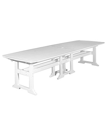 White outdoor picnic table made of aluminum, featuring attached benches and a slatted design with an insert for a fire pit, isolated on a white background.