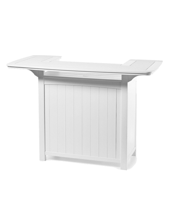 A modern white folding bar table with a panel design, featuring an extendable side that increases its surface area and includes a fireplace insert, isolated on a white background.