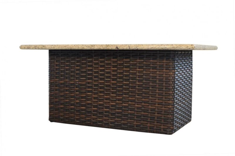 An outdoor bar counter made of woven dark brown wicker with a light beige stone top, featuring an insert fire pit, isolated on a white background.