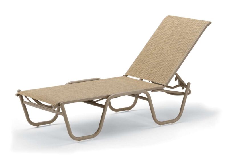 A beige outdoor reclining lounge chair with a metal frame, isolated on a white background, perfect for placement near a fire pit.