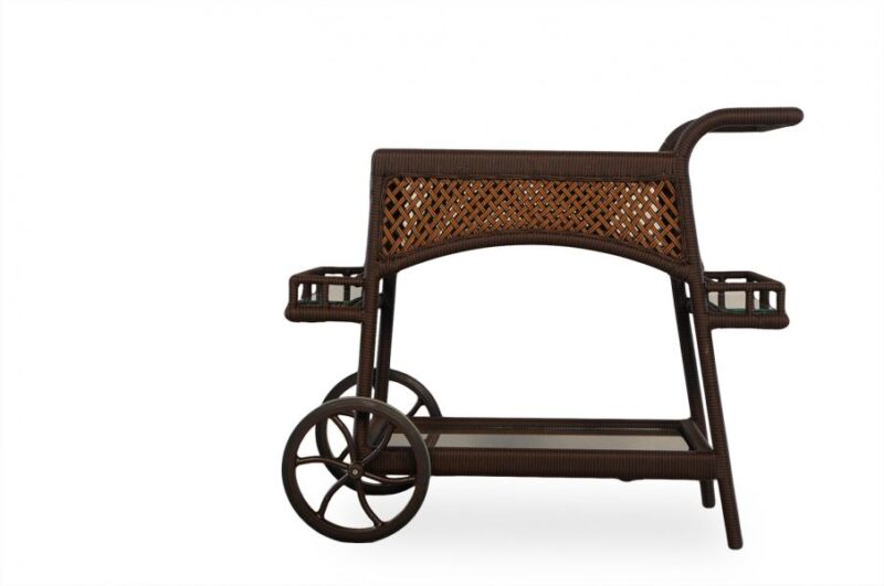 A traditional Asian-style wooden serving cart with woven panels, featuring two large wheels, a handle, and integrated trays for use near a fireplace, isolated on a white background.