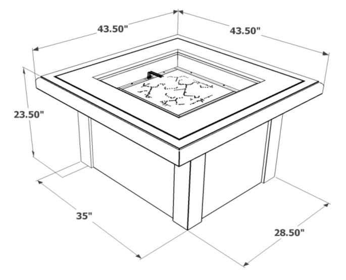 Technical drawing of a square sandbox with dimensions marked, featuring a layered edge and a smaller, centered play area with a raised sand design and an insert for a fire pit.