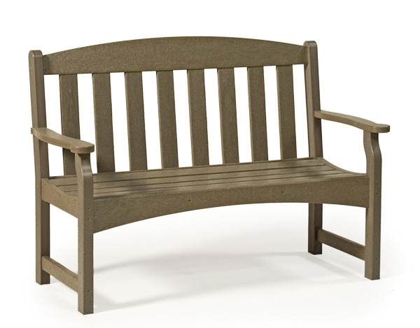 A simple, sturdy outdoor bench made of weathered, grayish-brown slats with armrests and a fire pit insert, shown against a white background.