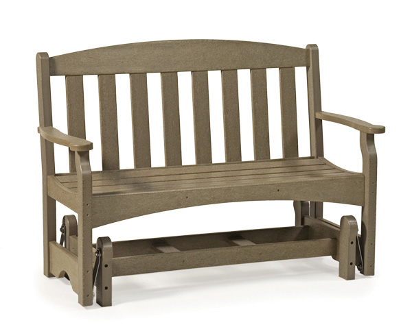 A traditional wooden garden bench with a high, curved backrest and armrests, set against a plain, light background. The bench is sturdy, with vertical slats and a simple, functional design