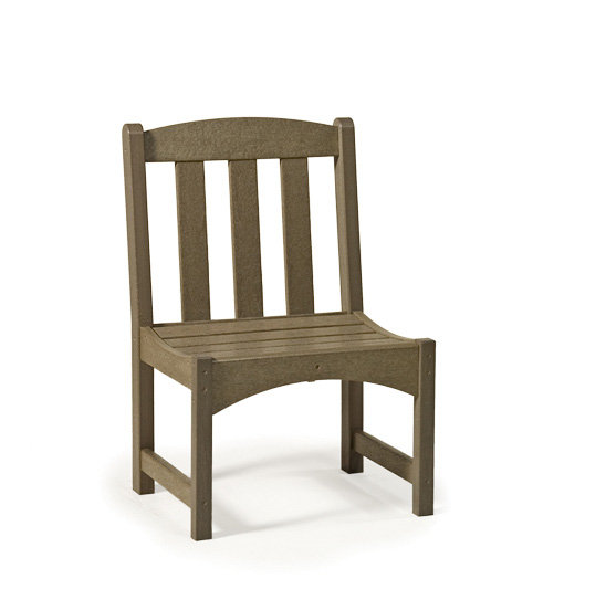 A simple brown slatted garden chair made of plastic, designed to mimic wood, isolated against a white background, perfect to insert near a fire pit.
