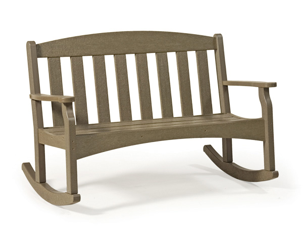 A traditional wooden rocking bench with a slatted back and seat, curved armrests, and an integrated fire pit, set against a plain white background.