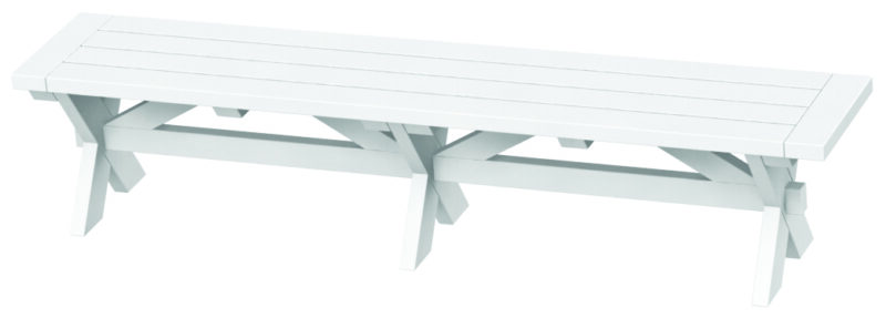 A long white wooden bench with a simple slatted design and sturdy cross-legs, set against a plain background with an insert.