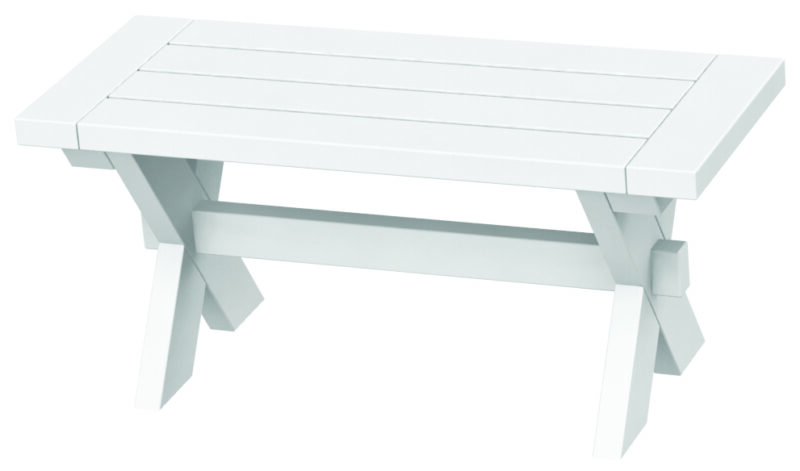White wooden outdoor coffee table with a slatted top and angled legs, isolated on a white background, features an insert for a stove.