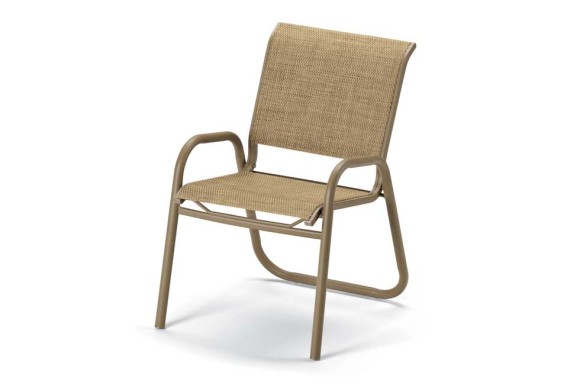 A modern outdoor chair with a sleek metal frame and woven tan seat and backrest, positioned on a plain white background near a fire pit.