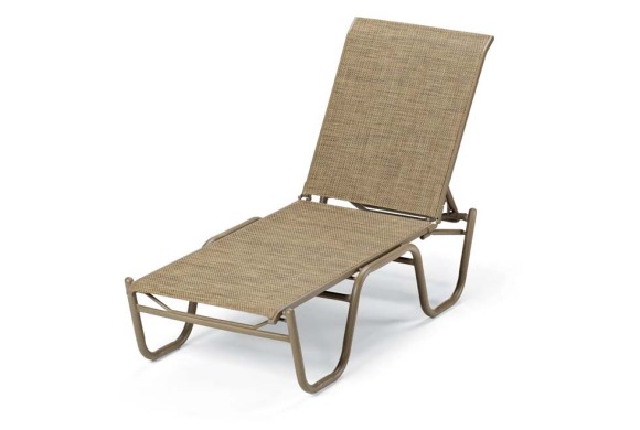 A beige outdoor chaise lounge with a metal frame, positioned on a plain white background with a fireplace insert.