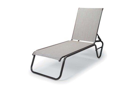 A modern, outdoor lounge chair with a sleek black metal frame and light gray fabric, ideally paired with a fire pit on a white background.