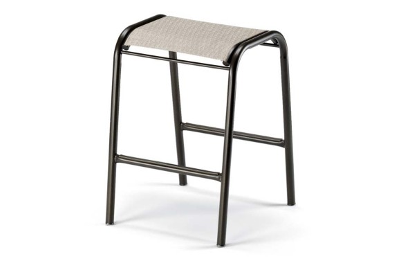 A modern metal step stool with two steps, featuring a textured gray top on the steps against a white fireplace background.