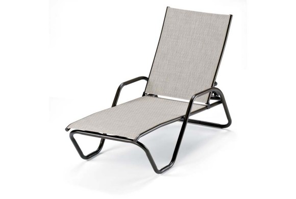 A modern outdoor lounge chair with a sleek black metal frame and light grey mesh fabric, featuring a fire pit insert, isolated on a white background.