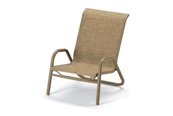 A modern outdoor lounge chair with a slanted woven backrest and seat, mounted on a curved metallic frame, isolated on a white background, perfect beside a fireplace.