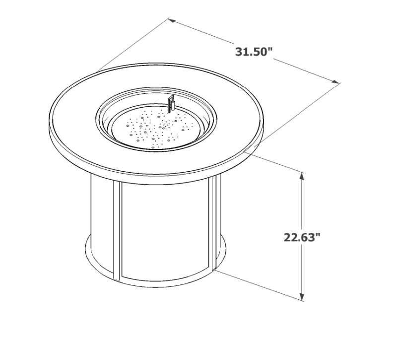 Technical line drawing of a circular table with dimensions labeled: 31.50 inches in diameter at the top and 22.63 inches in height. The tabletop features a circular fireplace insert detail.