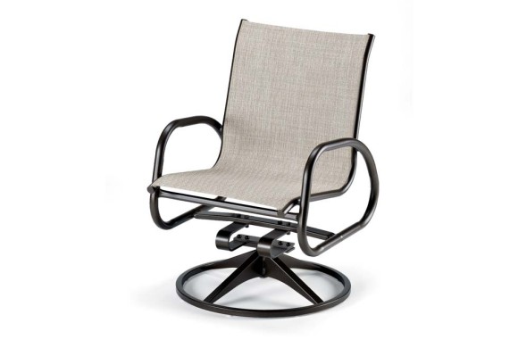 A modern outdoor swivel rocker chair with a sleek black frame and light grey fabric seat and backrest, isolated on a white background.