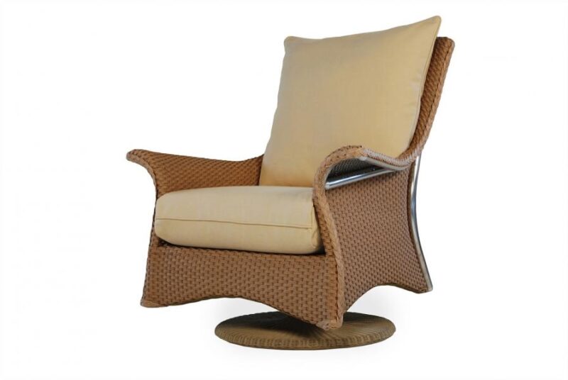 A modern wicker recliner chair with light beige cushions and a cozy fireplace insert on a white background.