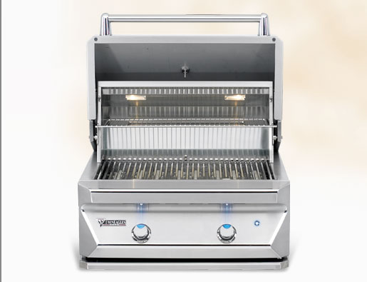 A modern stainless steel salamander grill with an open top, featuring two control knobs and a ribbed cooking surface, set against a plain light background, now includes a fireplace insert.