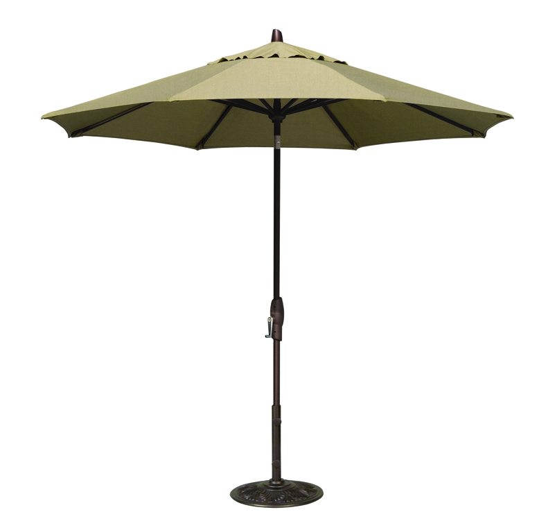 A large outdoor umbrella with a beige canopy and brown pole, including an insert for a crank handle mechanism at the center, set against a white background.
