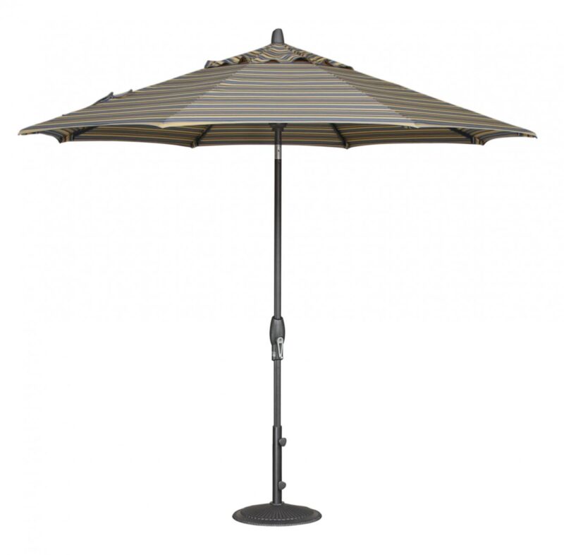 A large outdoor umbrella with a striped canopy in shades of gray and cream, mounted on a sleek metal pole with a circular insert, isolated on a white background.