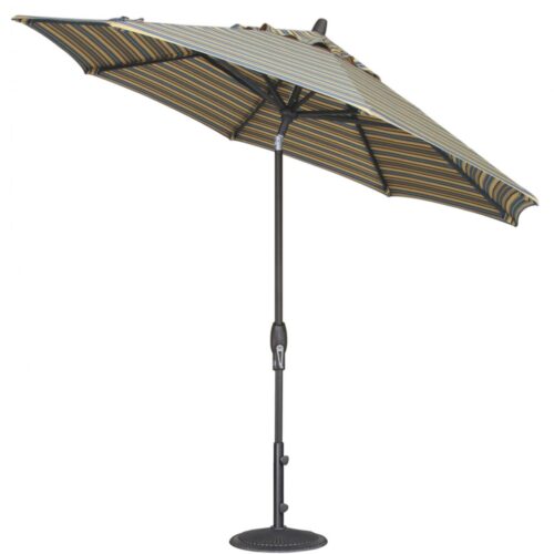 A large patio umbrella with a striped yellow, black, and white canopy supported by a black metal pole and base, isolated on a white background near a fireplace.