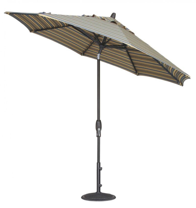 A large patio umbrella with a striped yellow, black, and white canopy supported by a black metal pole and base, isolated on a white background near a fireplace.