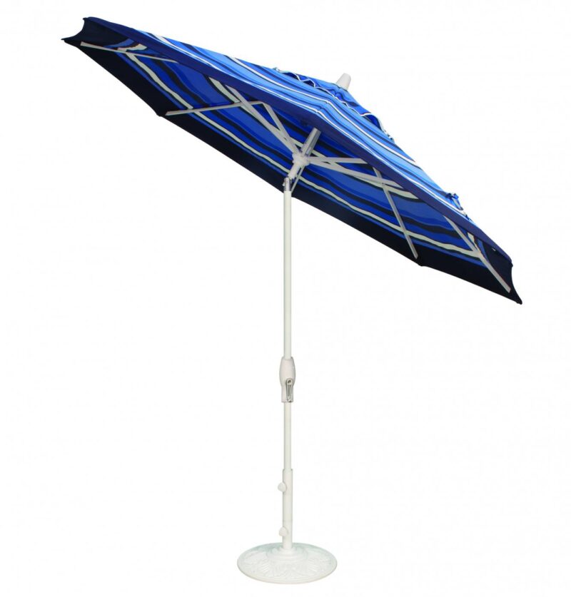 A large blue and white patio umbrella with an intricate geometric pattern, displayed against a plain white background. The umbrella is open and mounted on a straight white pole with a circular base that includes a stove insert