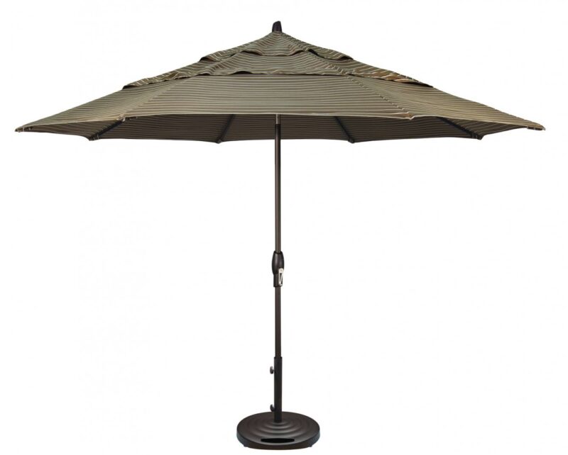 A large outdoor umbrella with a striped canopy, mounted on a single central pole with a rounded base for stability near a grill, standing against a white background.