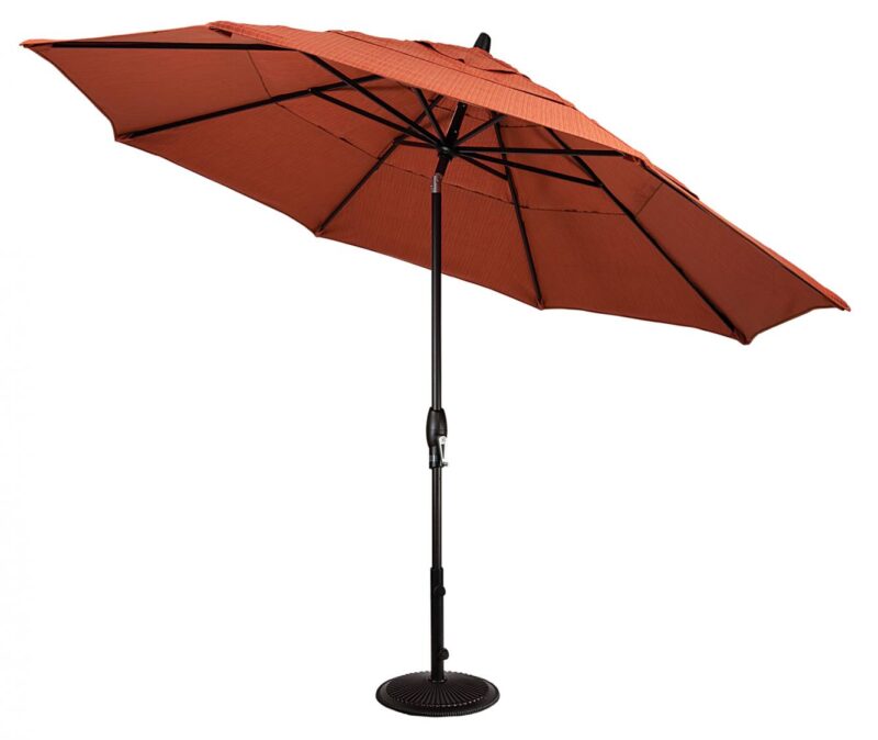 A large, open patio umbrella with a burnt orange canopy and a black pole and base, featuring a fireplace design, isolated on a white background.