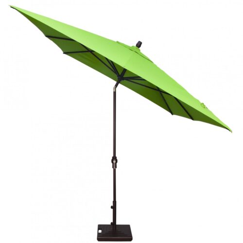 A bright green patio umbrella with a tilt-adjustable top and a black metal pole mounted on a fireplace-style square base, isolated on a white background.
