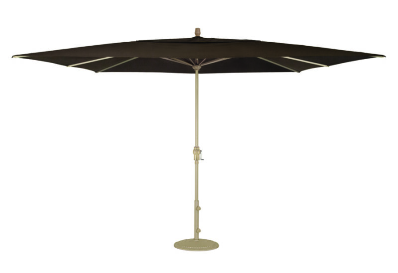 A large open patio umbrella, featuring a dark canopy and a light gray pole, displayed against a white background, with an insert grill nearby.