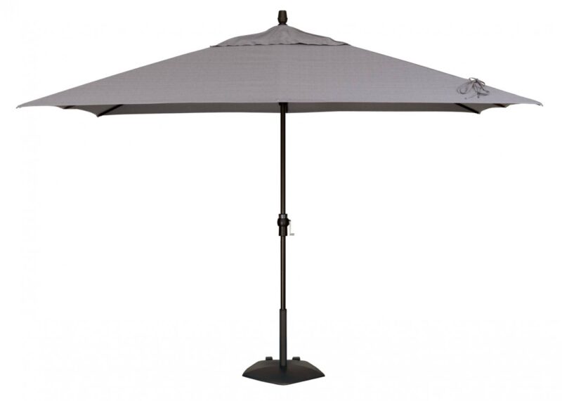A large gray patio umbrella with a sleek metal pole and a sturdy base, isolated on a white background by the grill.